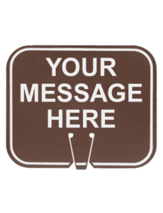 Picture of brown clip-on sign with the legend "Your Message Here" scribed in white ink.