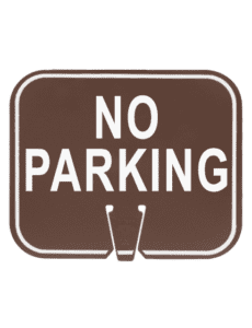 Picture of brown clip-on sign with the legend "No Parking" scribed in white ink.